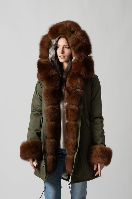 PARKA LONG GREEN ST. MORITZ VOLPE CON POLSINI